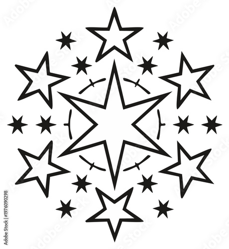 Starry Floral Design: Six Pointed Stars in a Symmetric Pattern with Outer Stars for Graphic Use