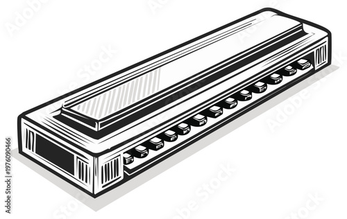 Black and white illustration of a diatonic harmonica musical instrument with visible reeds and cover