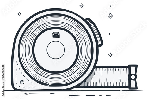 Conceptual illustration of a retractable measuring tape tool with markings and numbers