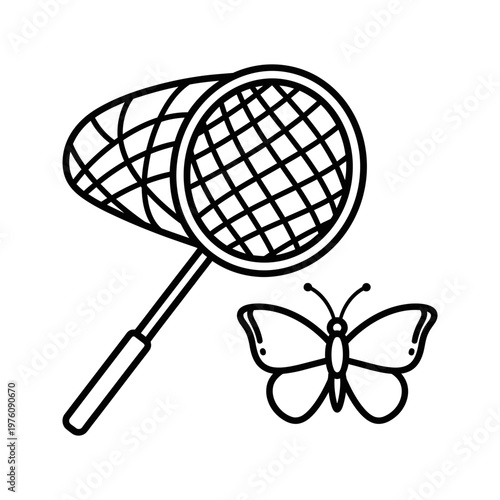 black and white line art butterfly caught in badminton net illustration