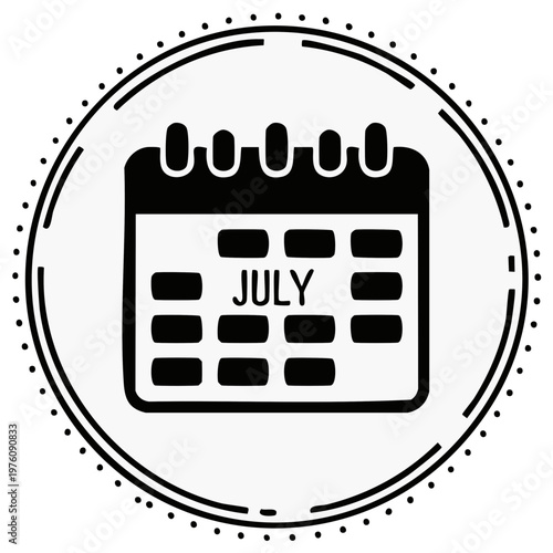 July Calendar Icon in Black Circle Frame for Web Design and Print Templates, Holiday Scheduling Reminder