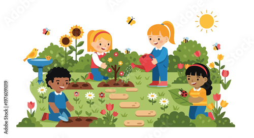 Four diverse children are happily engaged in various gardening activities like planting and watering under the bright sun in a blooming backyard.