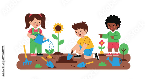 Three diverse children are happily working together in a garden, watering plants and digging soil with various colorful gardening tools.