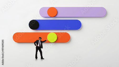 Schilderij op canvas Man pushing minimal sliders interface representing control settings and business optimization