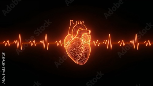 Glowing Heart Anatomy with Electrocardiogram Pulse Graph Lines