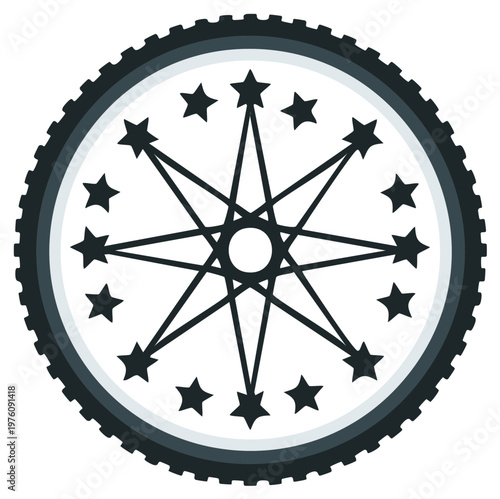 Bicycle wheel with star design black spokes on a white background circular shape