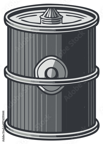 Monochrome Illustration of an Oil Barrel or Metal Can Container with Detailed Ribbing and Metal Bands