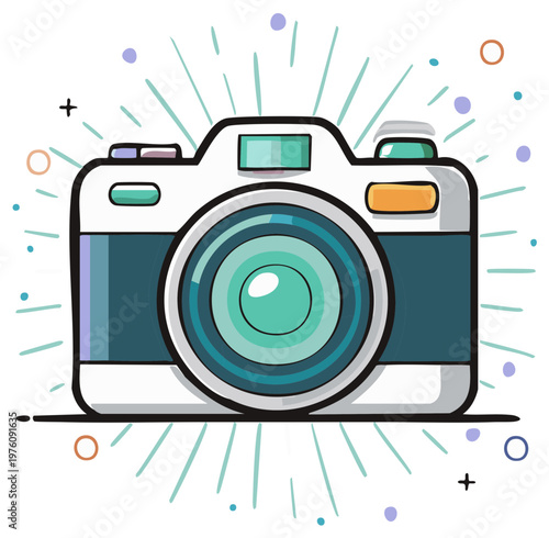 Stylized Illustration of a Retro Camera with Burst Rays and Confetti
