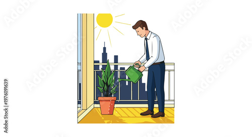 Businessman watering a potted plant on a sunny urban balcony, symbolizing growth, care, and a moment of calm amidst city life.