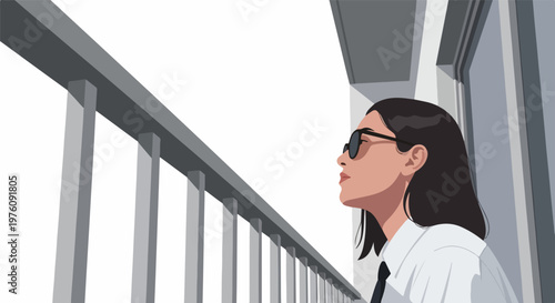 Young woman in sunglasses looking up thoughtfully from a balcony with a railing