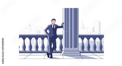 Confident businessman in a suit leaning against a classical column on a balcony with city skyline in the background