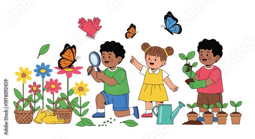 Three kids engage in garden activities like studying butterflies with a magnifying glass and planting young seedlings in small pots on a white background.