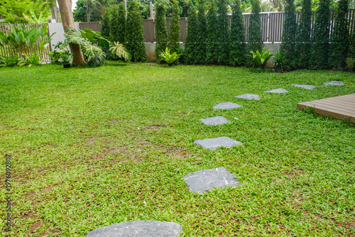фотографія Garden landscape design with pathway in garden and footpath in picturesque summer park and staircase in backyard,Paving stones on floor in park,space for text