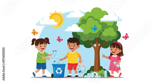 Three young children are working together to clean up plastic bottles and put them into a blue recycle bin in a sunny outdoor park setting.
