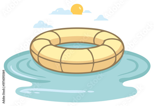 Cartoon illustration featuring a yellow life ring floating in blue water under a sunny sky with fluffy clouds.
