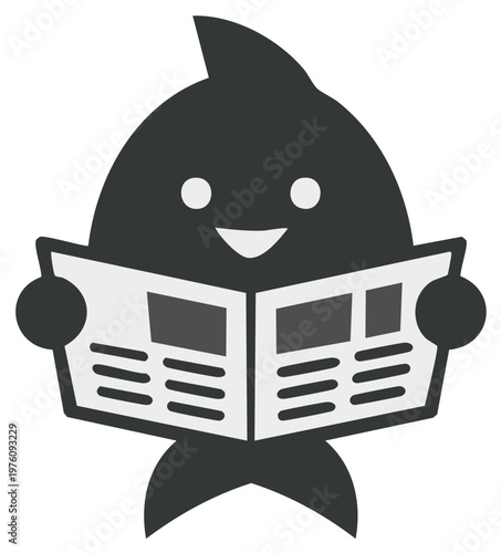 Happy cartoon fish character reading the daily news publication icon