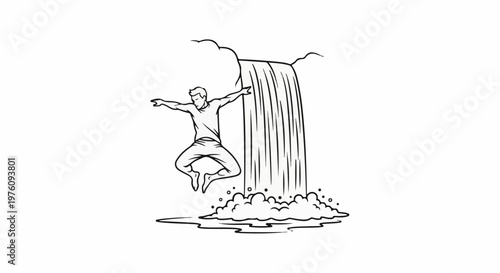 Man joyfully leaps near a cascading waterfall