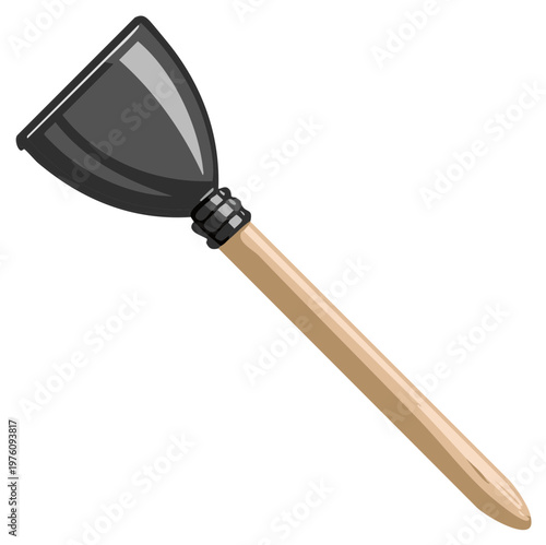 Cartoon illustration of rubber plunger with wooden handle, home tool equipment for unclogging sinks and toilet drains