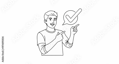 Man pointing to a speech bubble containing a checkmark, indicating approval
