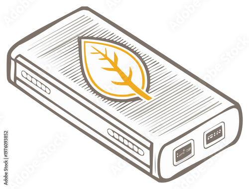 Stylized portable power bank illustration with leaf emblem