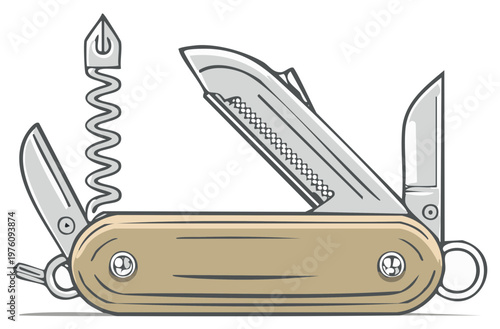 Multi-tool knife with open blades and corkscrew for outdoor activities