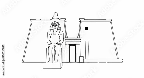 Line drawing of ancient Egyptian pharaoh statue and temple entrance