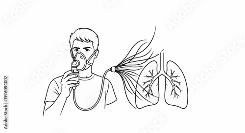 Man uses nebulizer, mist enters lungs