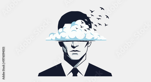 Man with cloud obscuring eyes and birds flying from head
