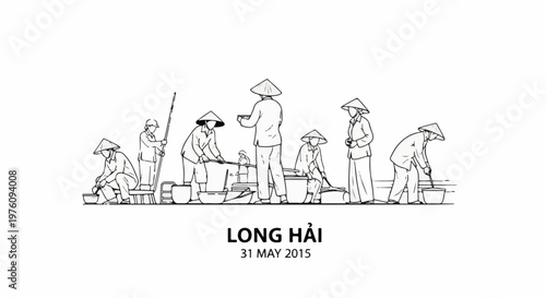 Line drawing of people in conical hats engaged in outdoor activity
