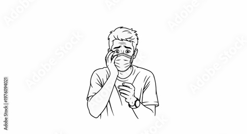 Man wearing mask expresses panic, hands to face, holding small object