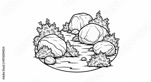 Line drawing of rounded rocks and bushy plants within a circular frame