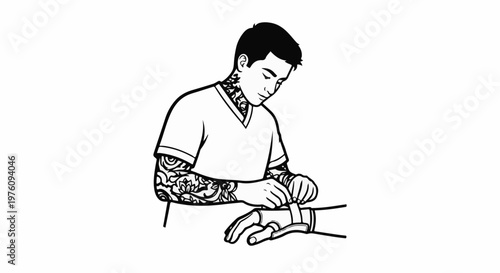 Man with tattoos adjusting sports glove on another hand