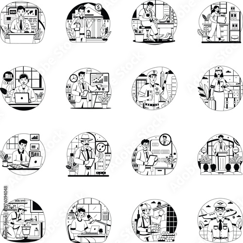 Set of Glyph Style Occupations Illustrations