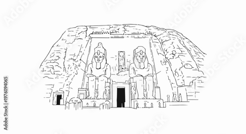 Line drawing of two colossal ancient statues carved into a rock face