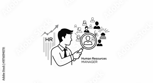 Manager uses magnifying glass to select person from group of employees