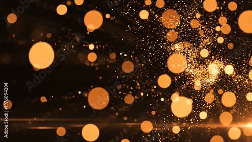 Golden light bokeh explosion on black.