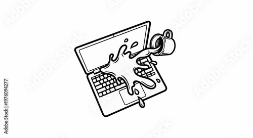 Liquid spills onto a laptop keyboard from an overturned cup