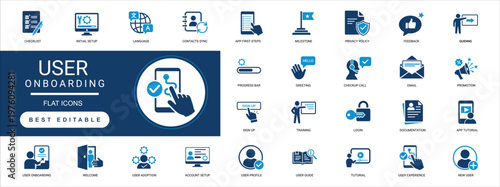user onboarding solid icon set. welcome, guide, tutorial, welcome, setup, process, feedback, registration. editable vector illustration collection set.