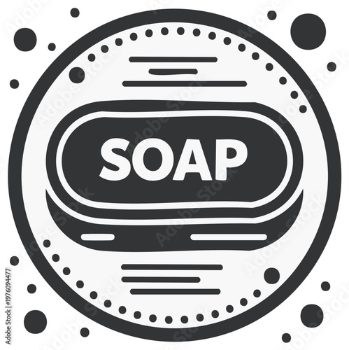 Stylized Soap Bar Icon with Bubbles and Text