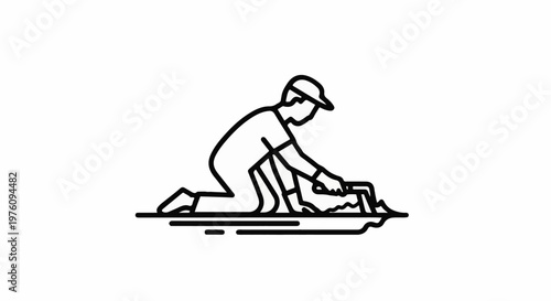 Line art of a person kneeling and working with a trowel on a surface