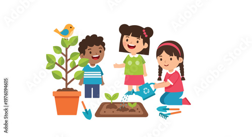 Three happy children are gardening together, with one girl watering seedlings while her friends watch near a potted plant and a small bird.