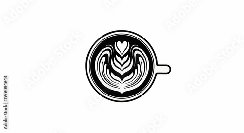 Minimalist black and white icon of coffee art in a cup