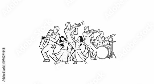 Lively ensemble of musicians and dancers in animated poses