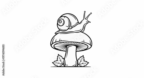 Line art of a snail perched atop a mushroom with leaves