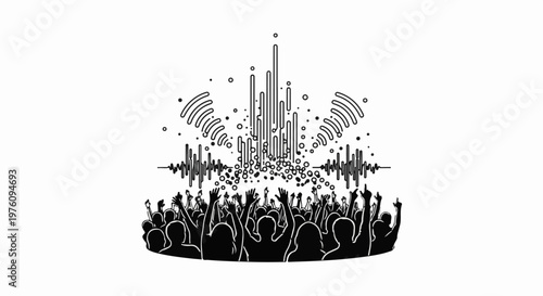 Lively crowd enjoying music with sound wave visualization