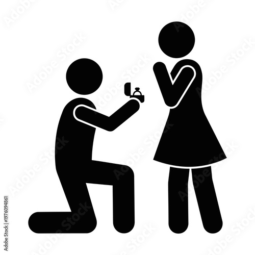 A vector silhouette of a man proposing to a woman with a ring.