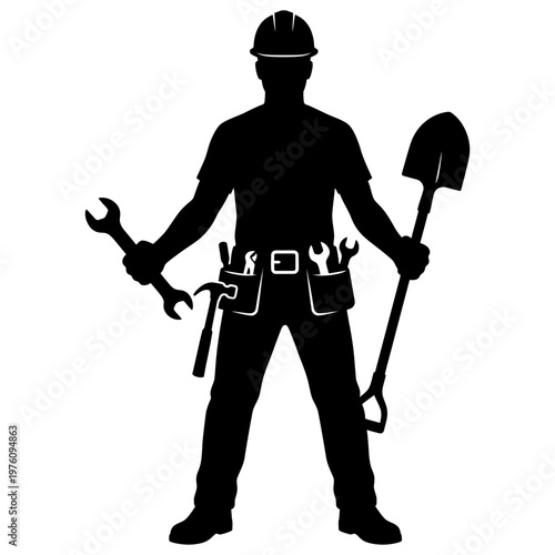 A silhouette vector illustration of a construction worker holding tools.