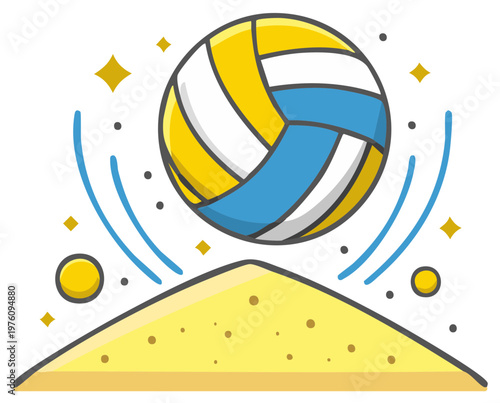 Volleyball ball bouncing on sand, summer beach game, yellow blue cartoon style