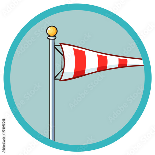 Windsock Illustration Indicating Wind Direction Strength with Red and White Stripes on Pole in Blue Circle