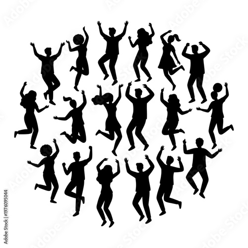 Vector silhouette illustration of people jumping and dancing in celebration on white background
